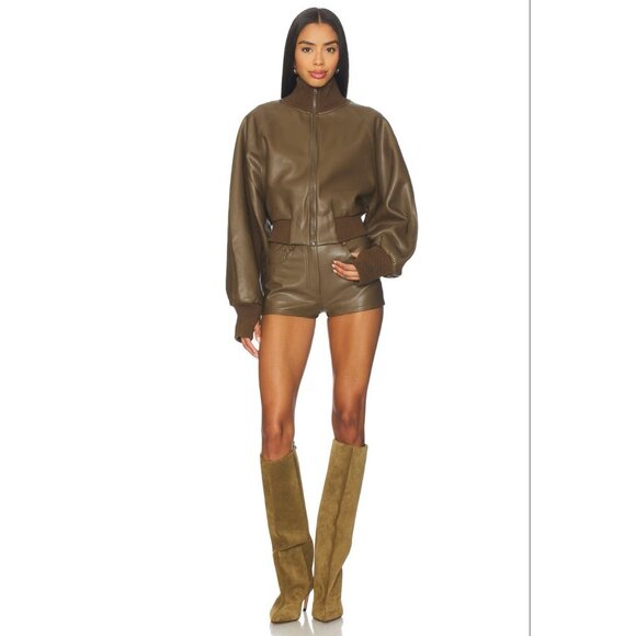 Norma Kamali High Waist Jean Short in Bark Small New Womens Vegan Faux Leather - Picture 5 of 16